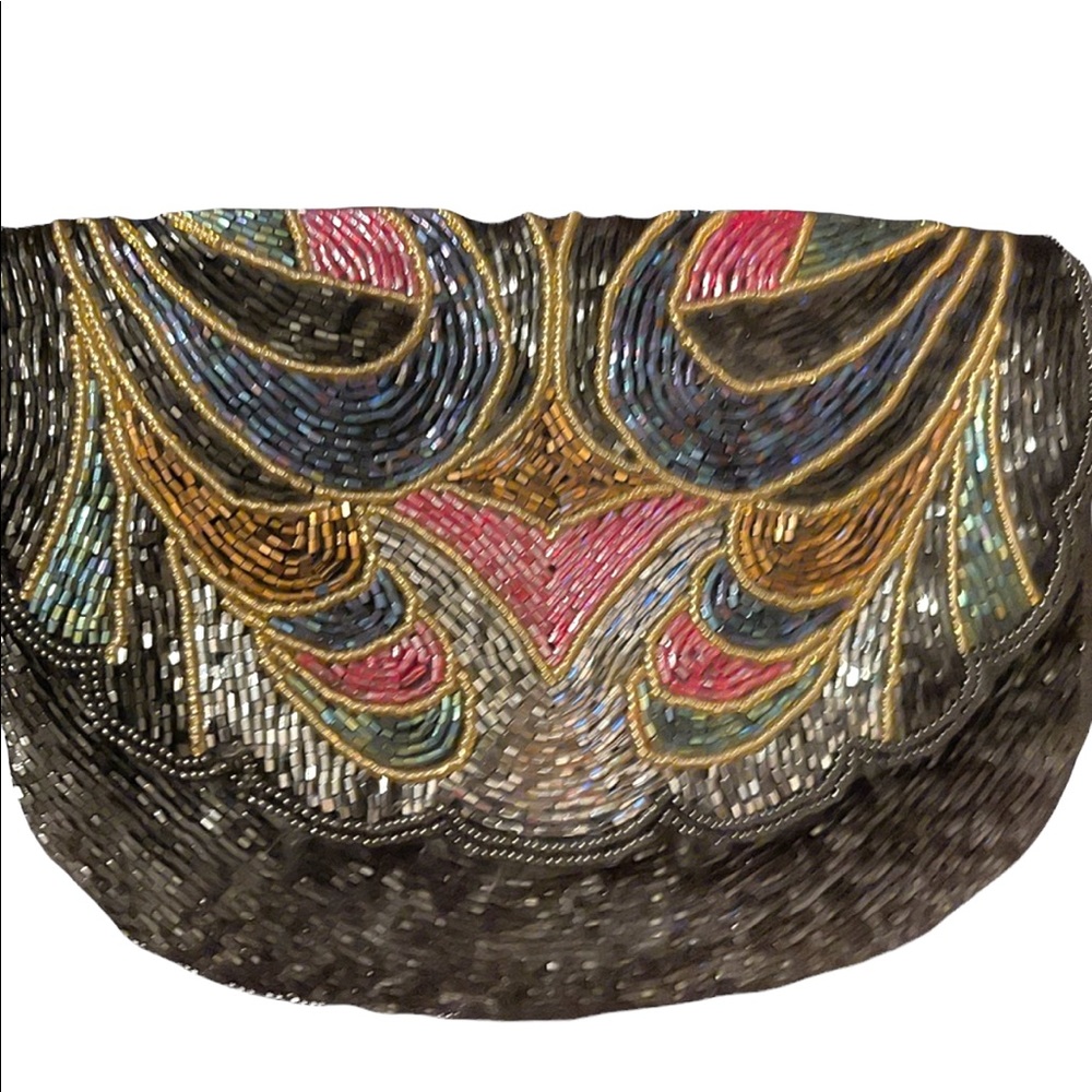 Vintage  1980s vintage black multi color mico bead evening bag clutch